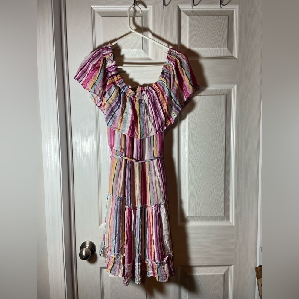new ODDY Pastel Multi-Color Flutter Sleeve Stretch Waist stripe dress small